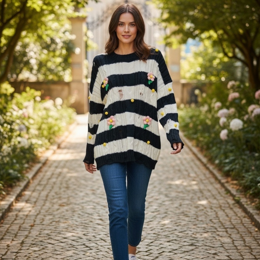 Black and White Knit Striped Distressed Sweater